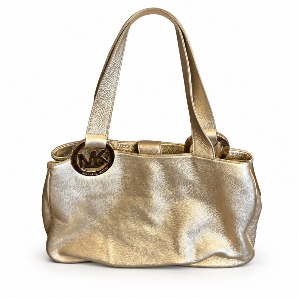 Michael Kors Gold Leather Shoulder Tote Bag MK Logo Gold Hardware -Pre-Owned